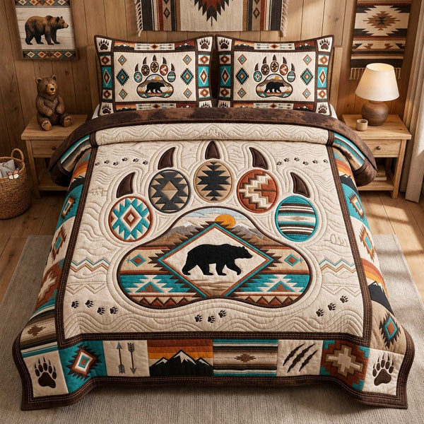 Bear Paw Lodge quilted 3-piece bedding set on a made bed with two matching pillow shams
