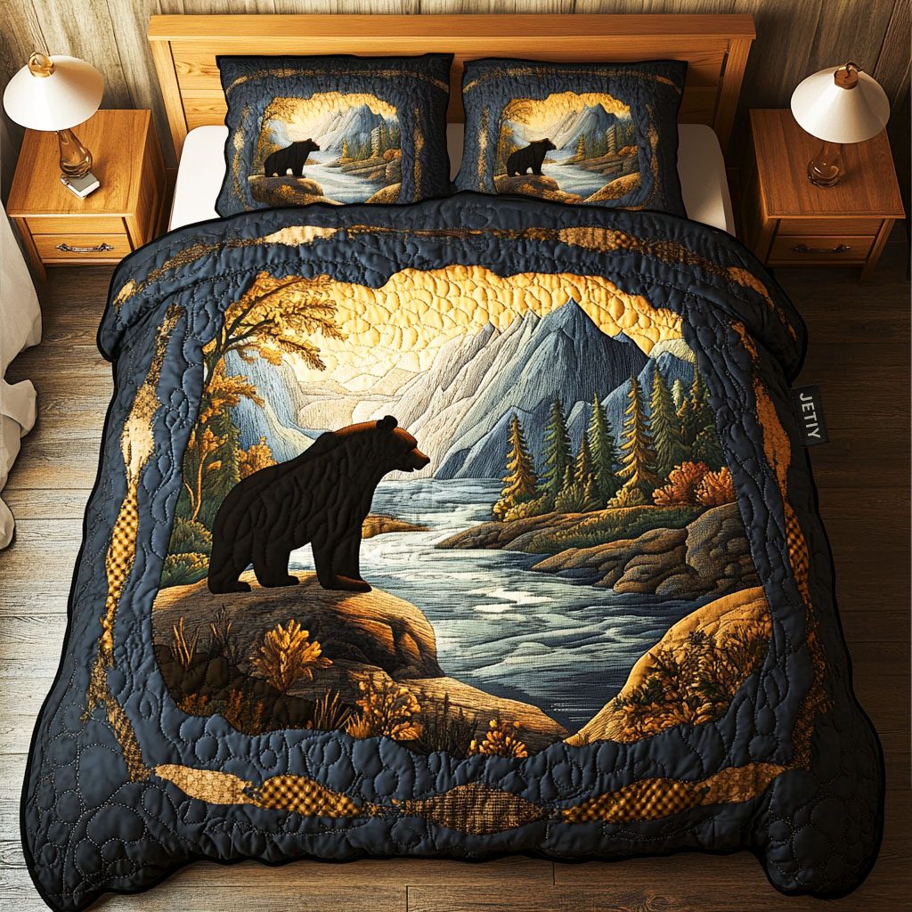 Bear quilted 3-piece bedding set on a made bed with two matching pillow shams