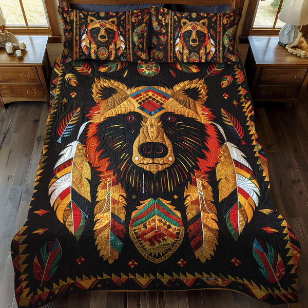 Bear Radiance Spirit quilted 3-piece bedding set on a made bed with two matching pillow shams