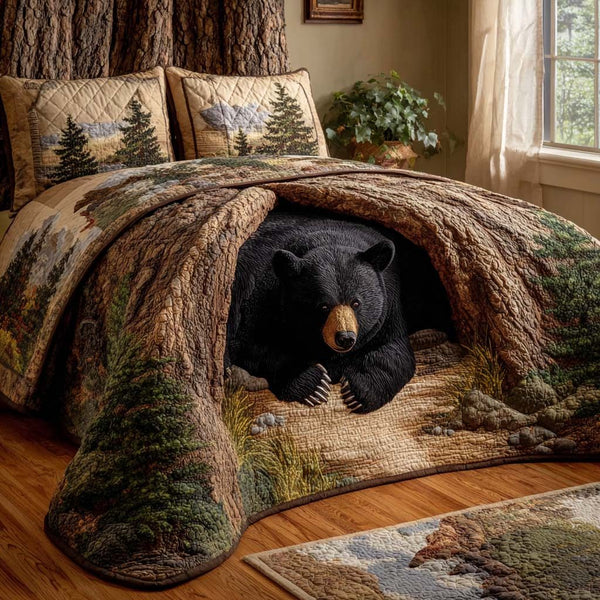 Bear Retreat quilted 3-piece bedding set on a made bed with two matching pillow shams