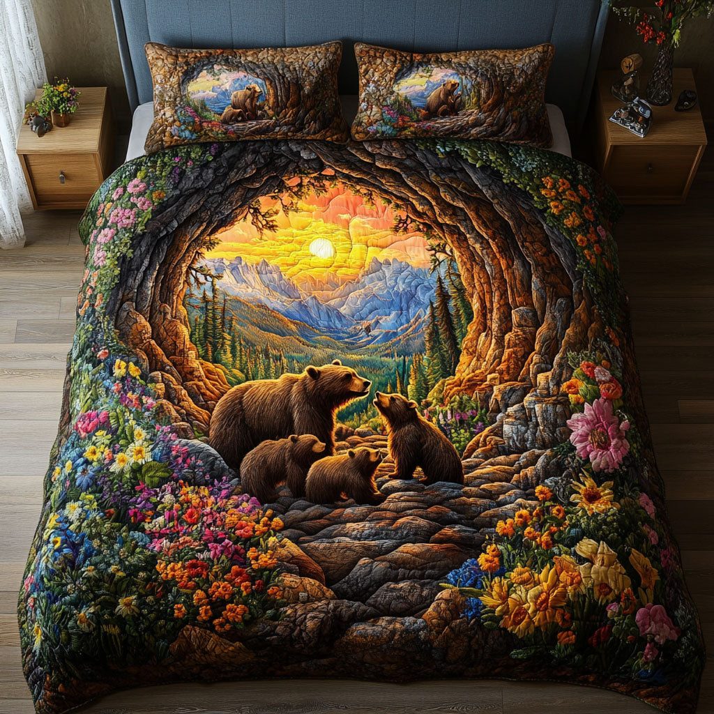 Bear Retreat quilted 3-piece bedding set on a made bed with two matching pillow shams