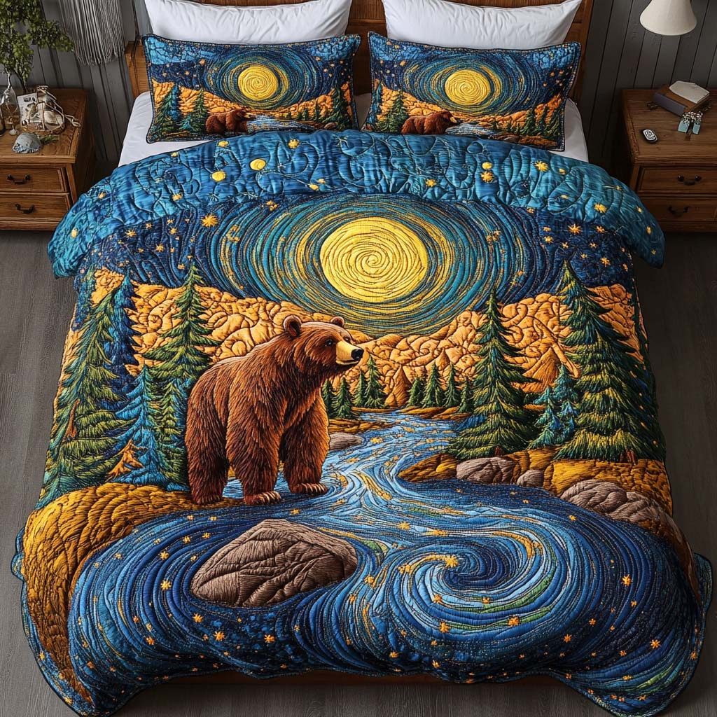Bear River Dream quilted 3-piece bedding set on a made bed with two matching pillow shams