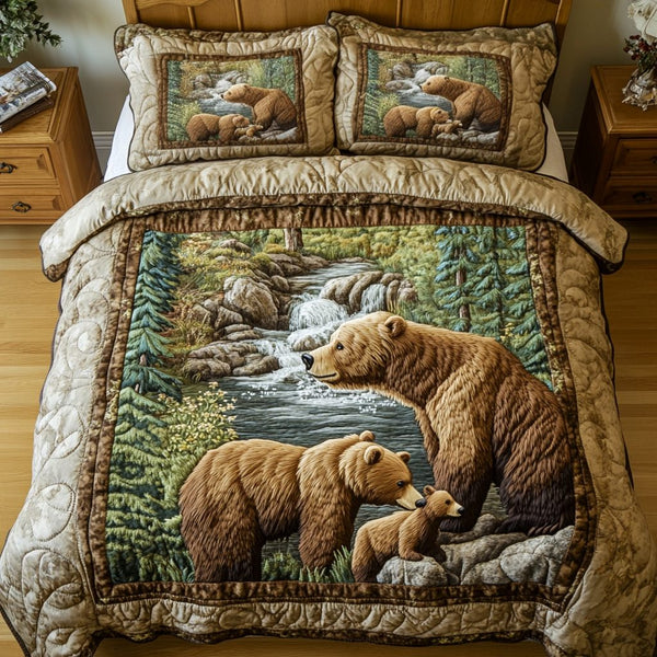 Bear Spirit quilted 3-piece bedding set on a made bed with two matching pillow shams