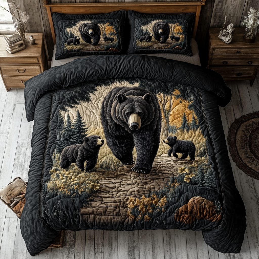 Bear Spirit quilted 3-piece bedding set on a made bed with two matching pillow shams