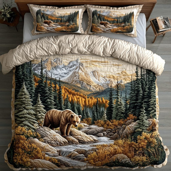 Bear Spirit quilted 3-piece bedding set on a made bed with two matching pillow shams