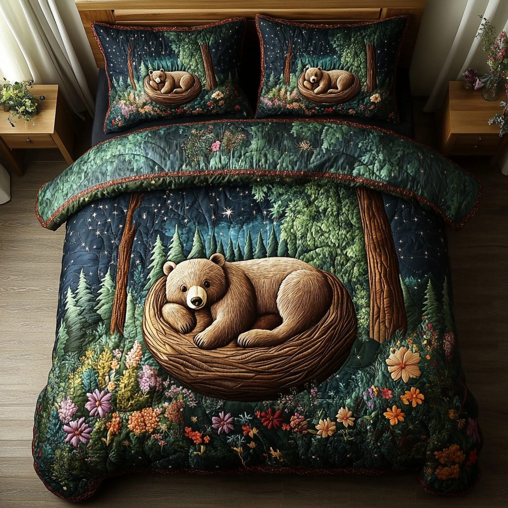 Bear Spirit quilted 3-piece bedding set on a made bed with two matching pillow shams