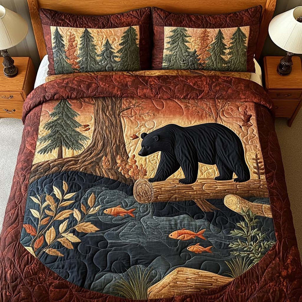 Bear Spirit quilted 3-piece bedding set on a made bed with two matching pillow shams