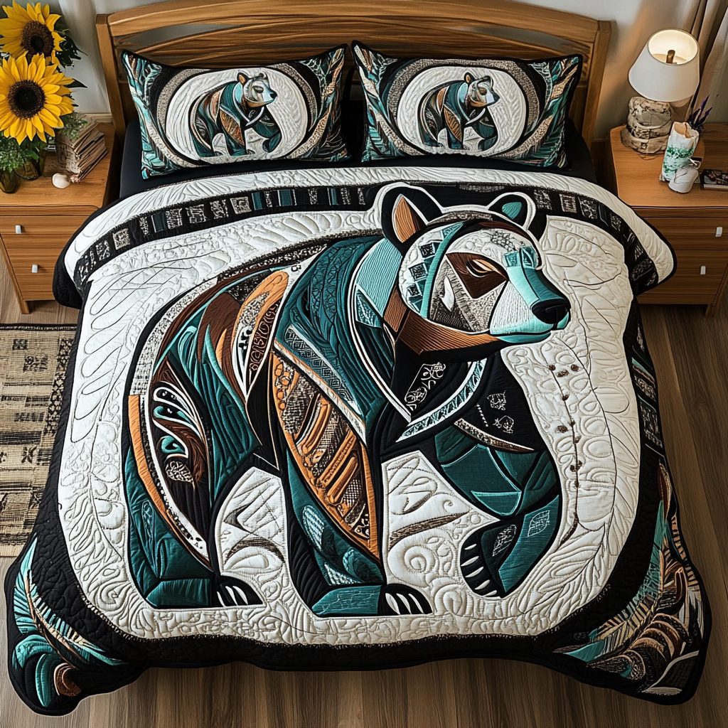 Bear Spirit quilted 3-piece bedding set on a made bed with two matching pillow shams