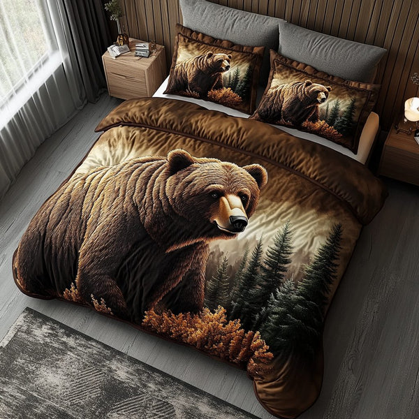 Bear Tracks quilted 3-piece bedding set on a made bed with two matching pillow shams