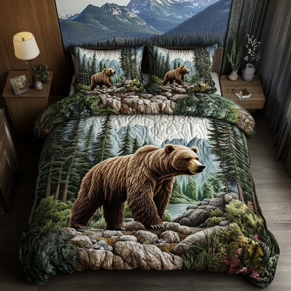 Bear Tracks quilted 3-piece bedding set on a made bed with two matching pillow shams