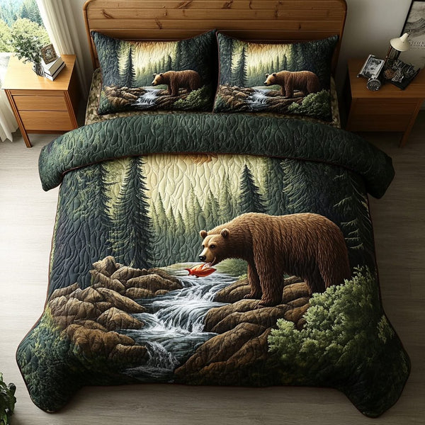 Bear Tracks quilted 3-piece bedding set on a made bed with two matching pillow shams