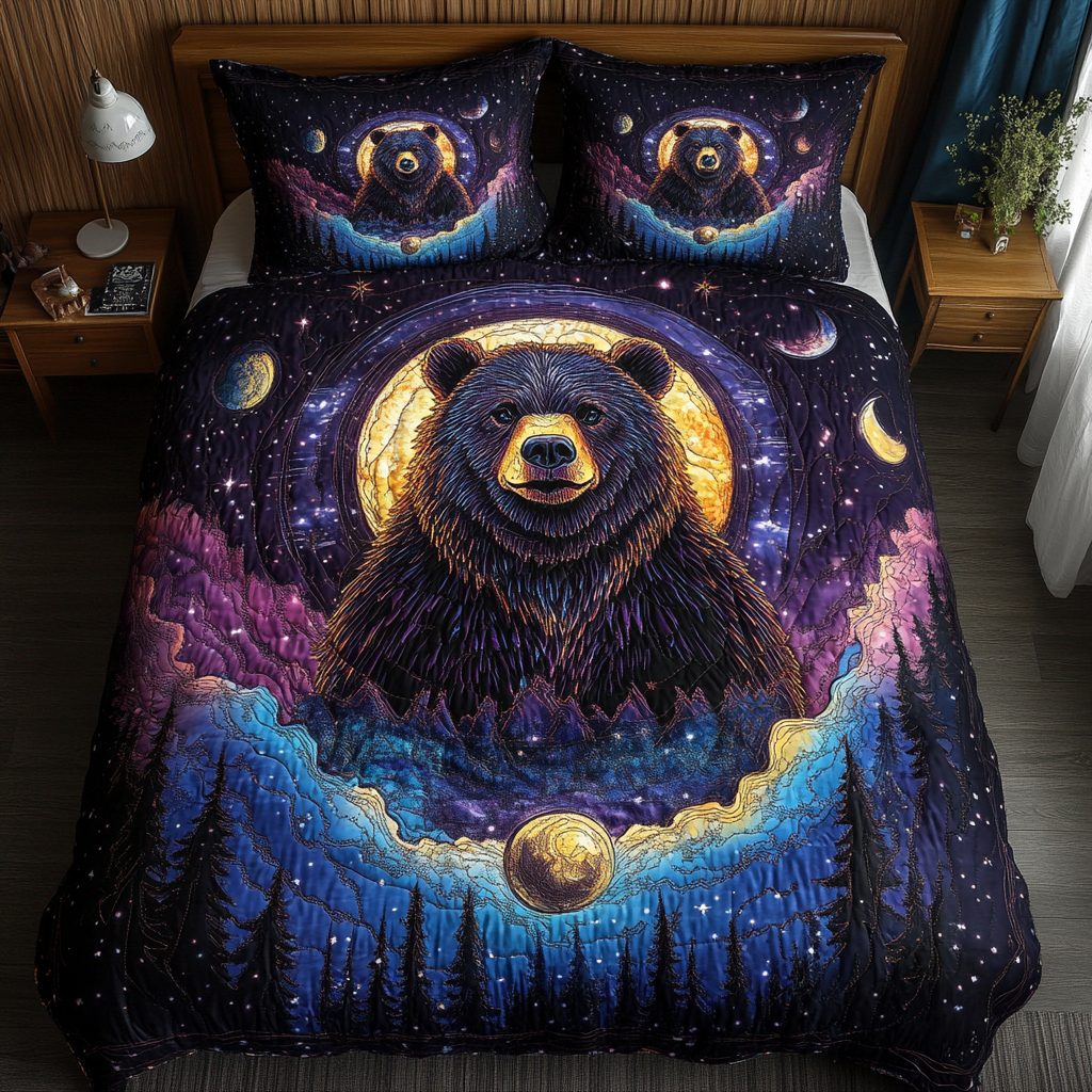 Bear Trail quilted 3-piece bedding set on a made bed with two matching pillow shams