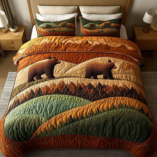 Bear Trail quilted 3-piece bedding set on a made bed with two matching pillow shams