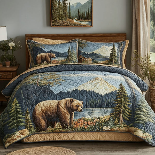 Bear Trail quilted 3-piece bedding set on a made bed with two matching pillow shams