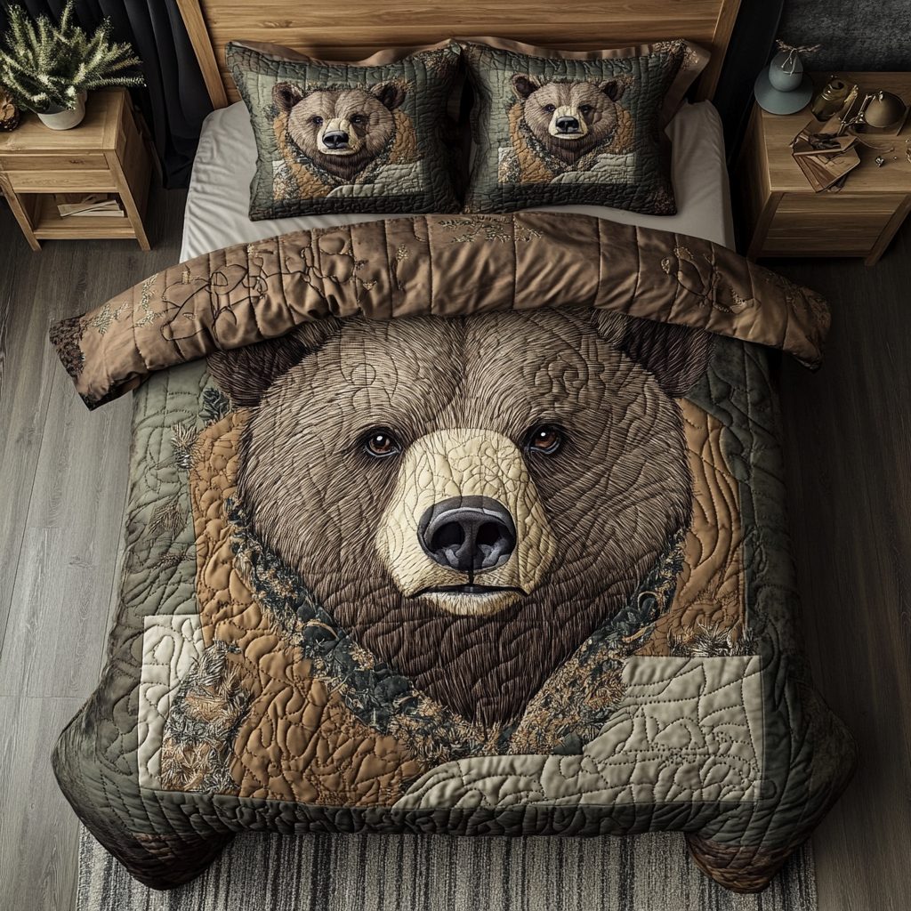 Bear Wilderness quilted 3-piece bedding set on a made bed with two matching pillow shams