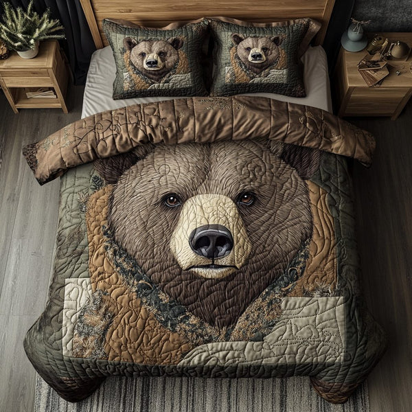 Bear Wilderness quilted 3-piece bedding set on a made bed with two matching pillow shams