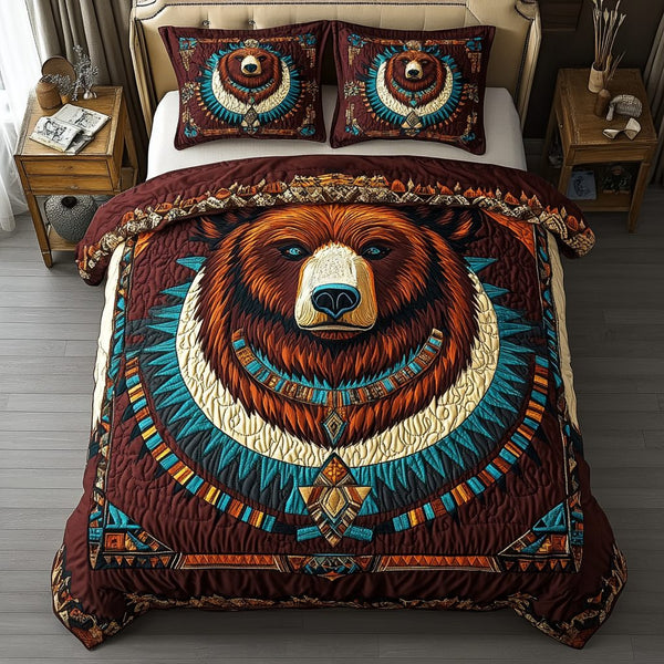 Bear Wisdom quilted 3-piece bedding set on a made bed with two matching pillow shams