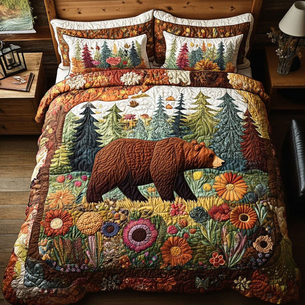 Bearfoot Trail quilted 3-piece bedding set on a made bed with two matching pillow shams