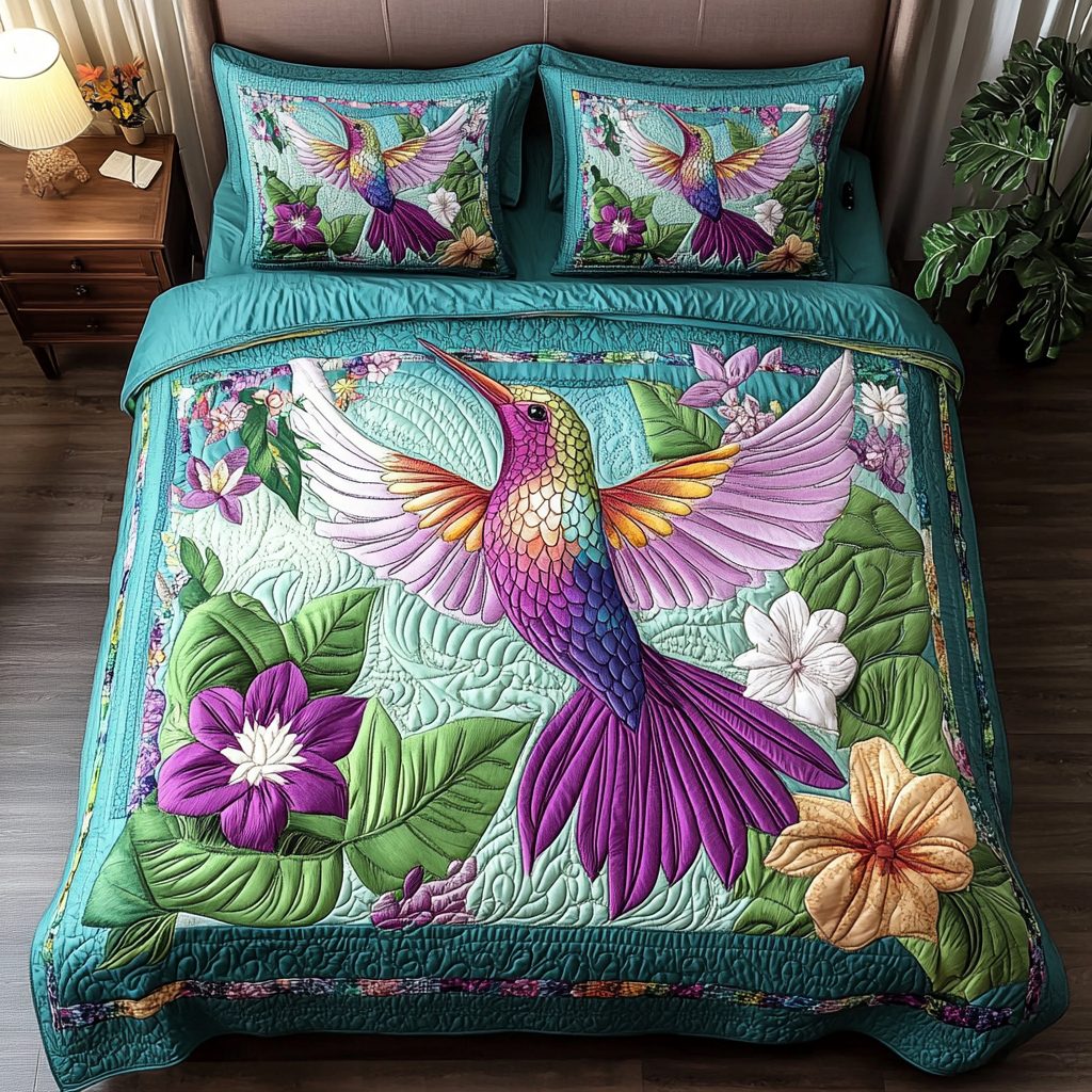 Beautiful Hummingbird quilted 3-piece bedding set on a made bed with two matching pillow shams