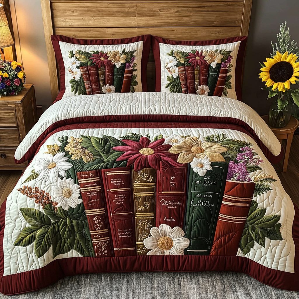 Bedtime Tales quilted 3-piece bedding set on a made bed with two matching pillow shams