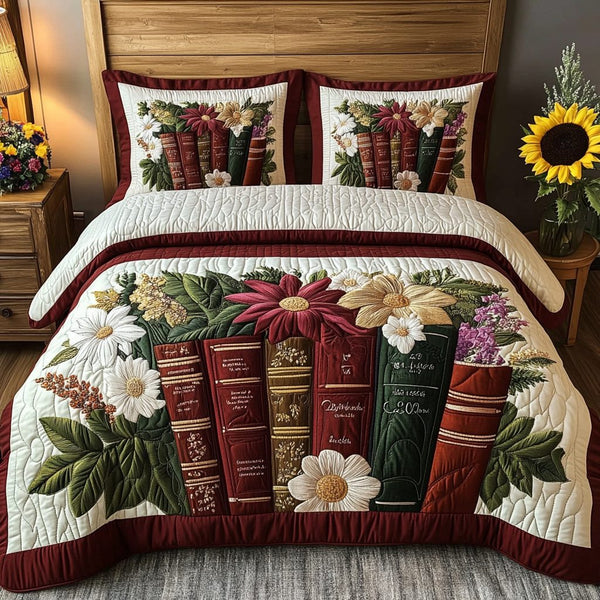 Bedtime Tales quilted 3-piece bedding set on a made bed with two matching pillow shams