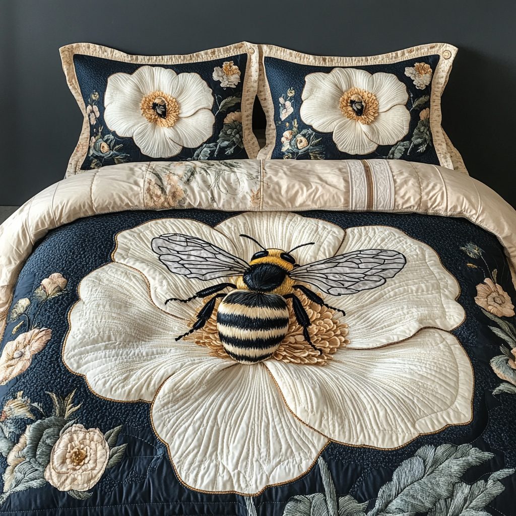 Bee Blossom quilted 3-piece bedding set on a made bed with two matching pillow shams