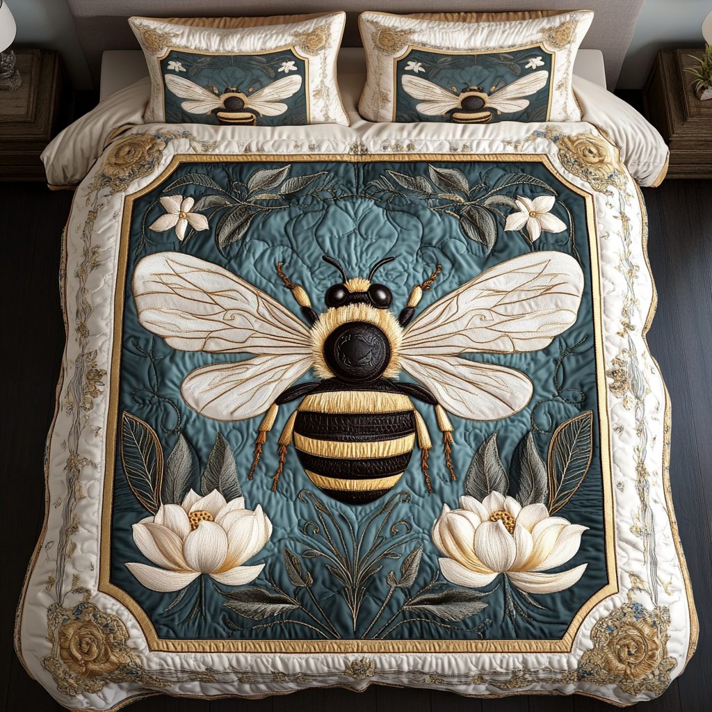 Bee Charm quilted 3-piece bedding set on a made bed with two matching pillow shams