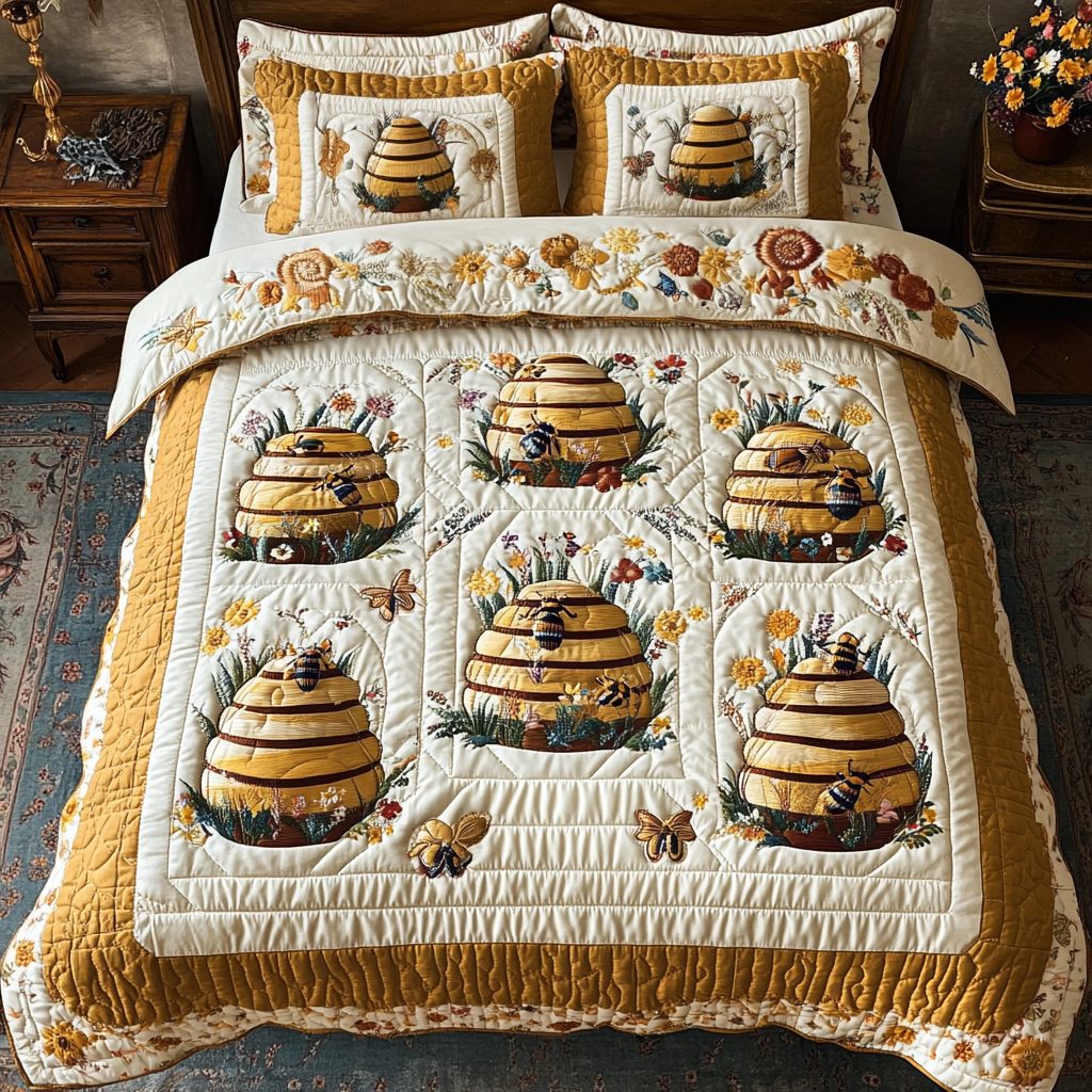 Bee Delight quilted 3-piece bedding set on a made bed with two matching pillow shams