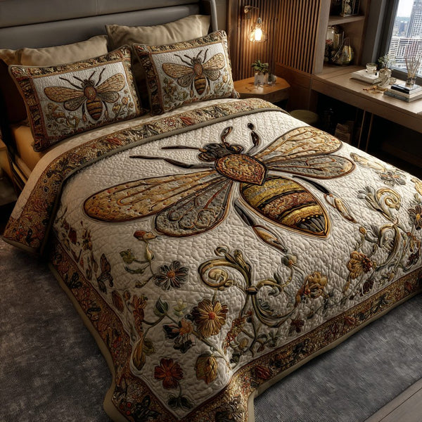 Bee Dream quilted 3-piece bedding set on a made bed with two matching pillow shams