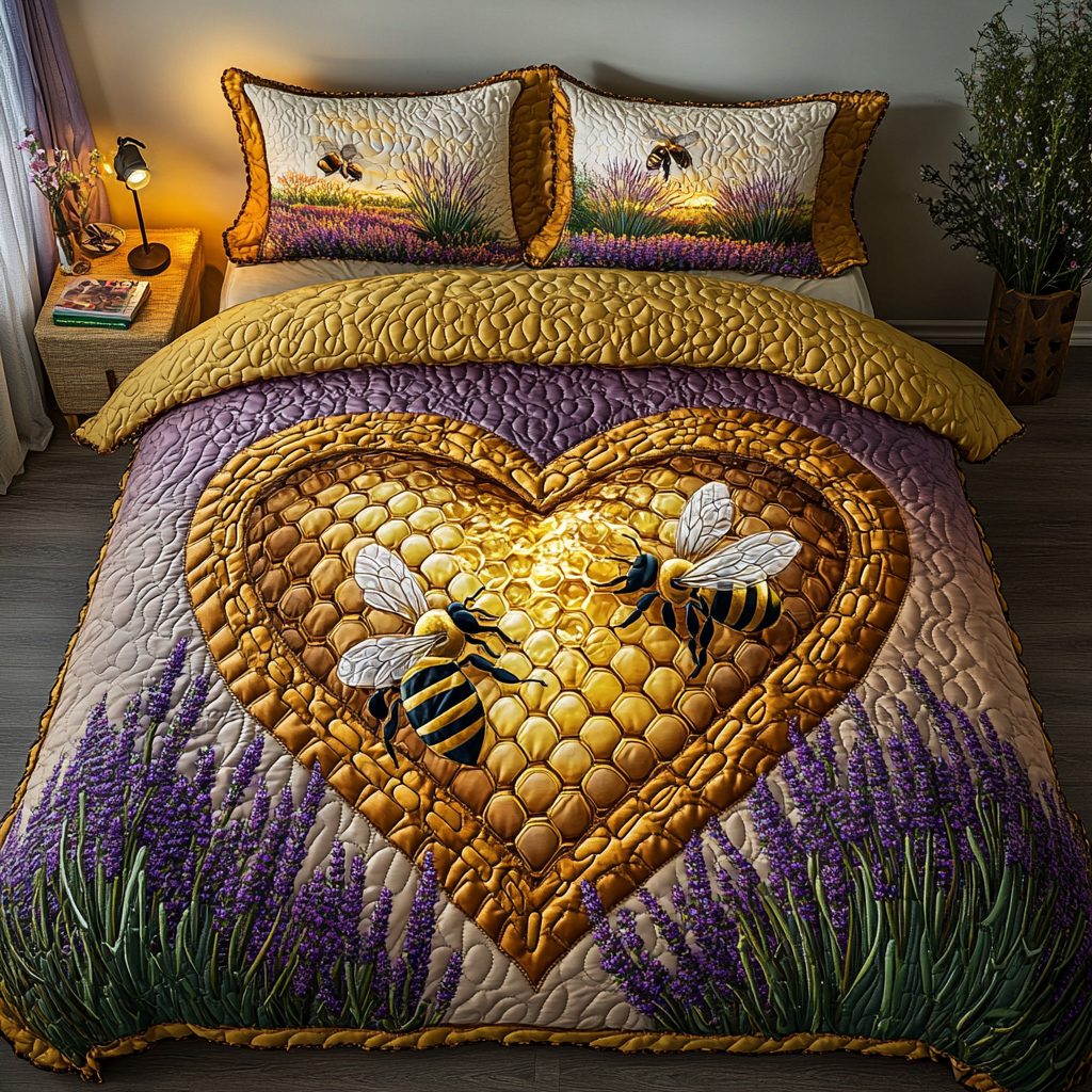 Bee Flight quilted 3-piece bedding set on a made bed with two matching pillow shams