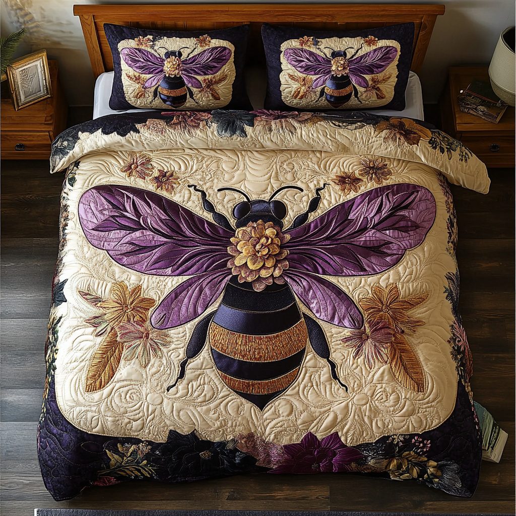Bee Garden quilted 3-piece bedding set on a made bed with two matching pillow shams