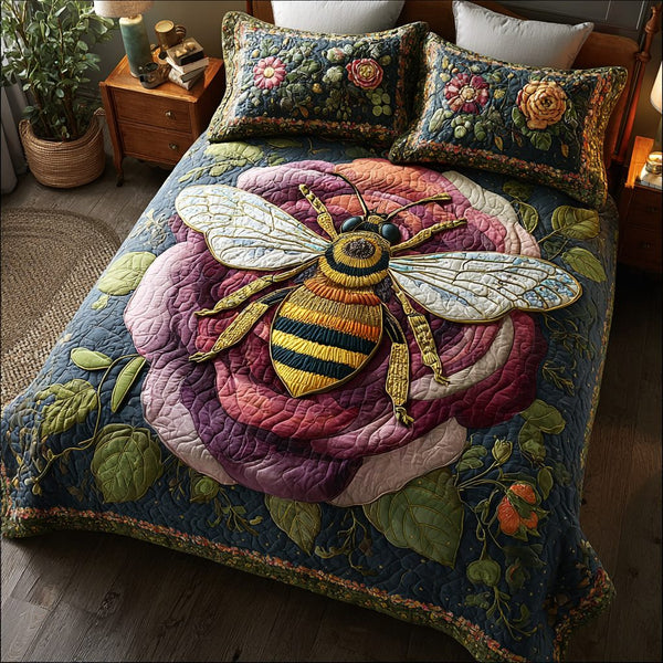 Bee Garden quilted 3-piece bedding set on a made bed with two matching pillow shams