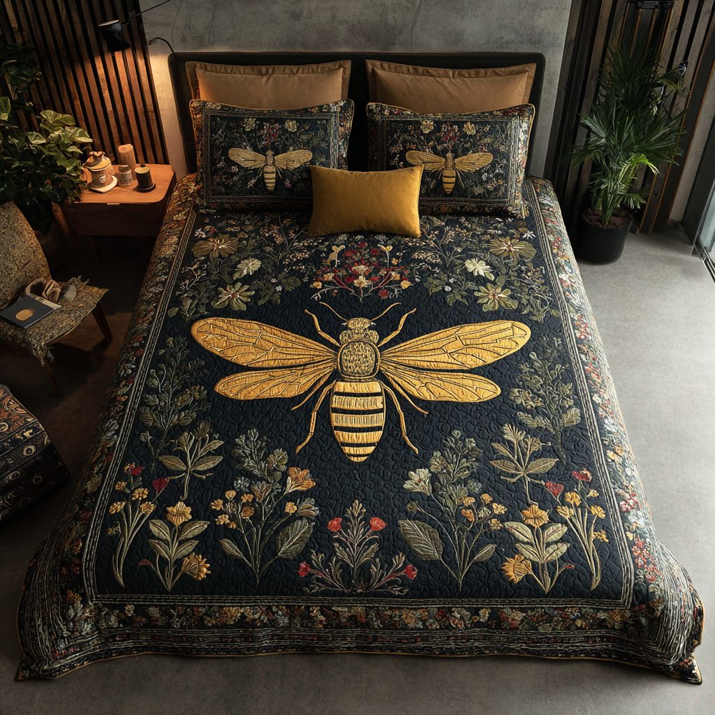 Bee Glow quilted 3-piece bedding set on a made bed with two matching pillow shams