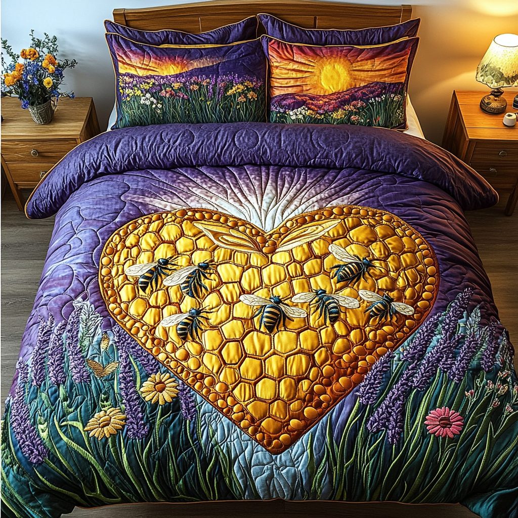 Bee Glow quilted 3-piece bedding set on a made bed with two matching pillow shams