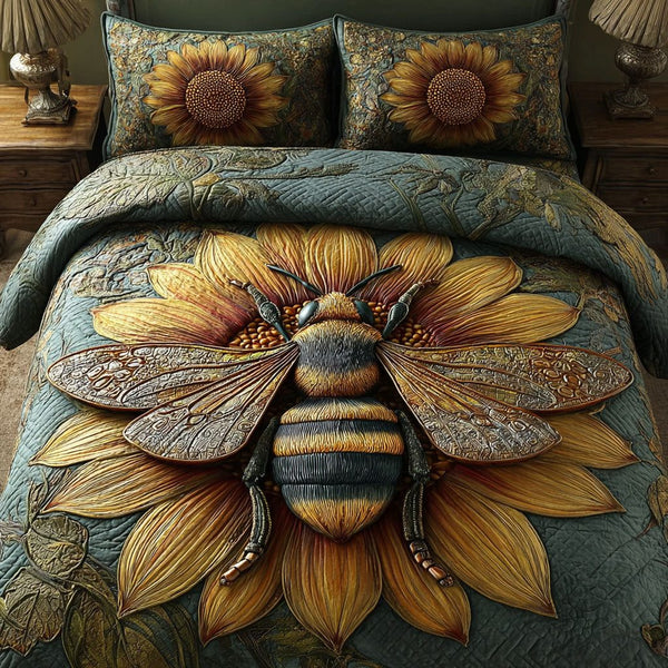 Bee Harmony quilted 3-piece bedding set on a made bed with two matching pillow shams