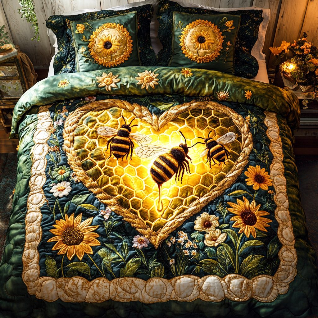 Bee Harmony quilted 3-piece bedding set on a made bed with two matching pillow shams