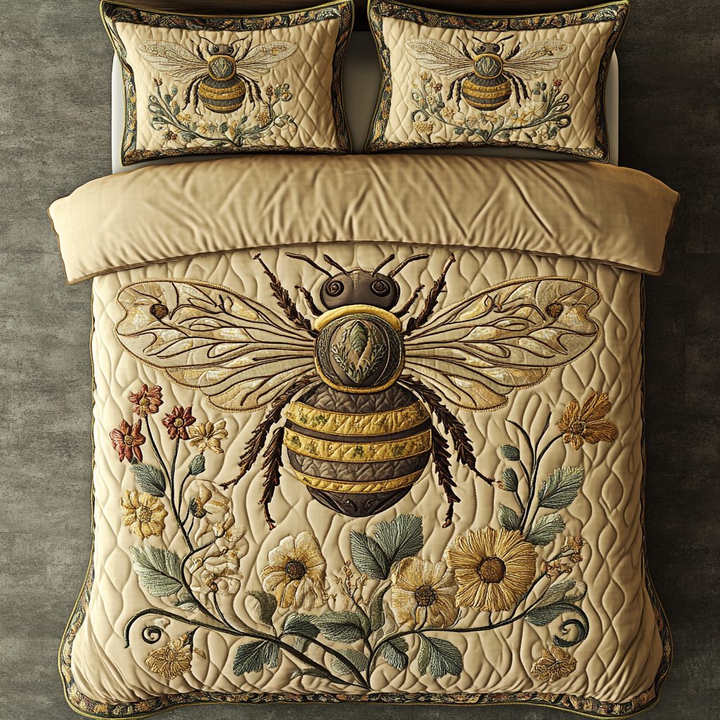 Bee Harmony quilted 3-piece bedding set on a made bed with two matching pillow shams