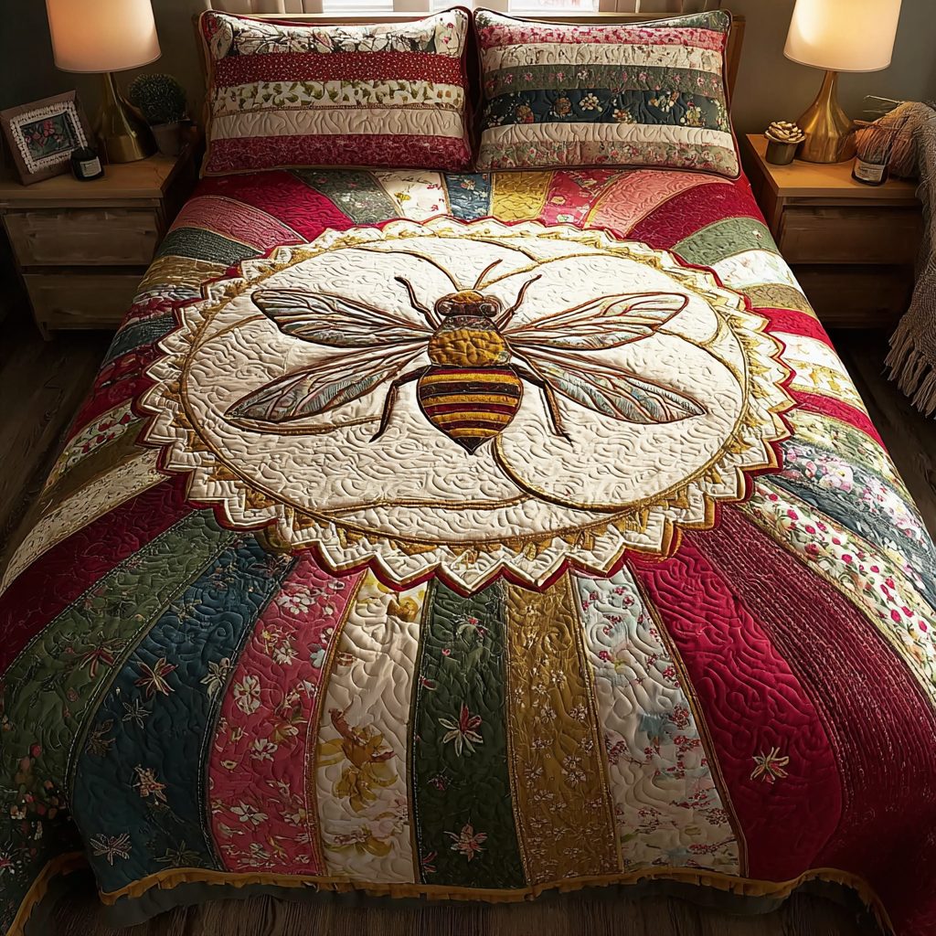 Bee Haven quilted 3-piece bedding set on a made bed with two matching pillow shams