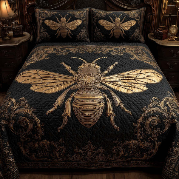 Bee Heaven quilted 3-piece bedding set on a made bed in a softly lit bedroom