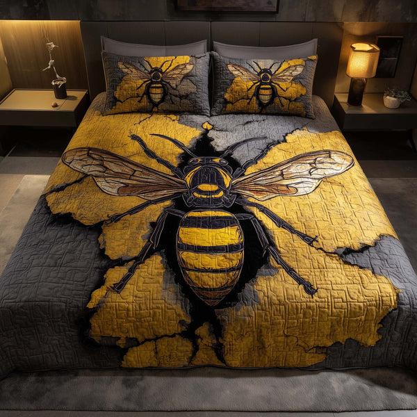 Bee Heaven quilted 3-piece bedding set on a made bed in a softly lit bedroom