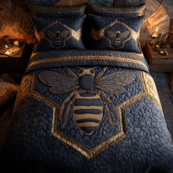 Bee Heaven quilted 3-piece bedding set on a made bed in a softly lit bedroom