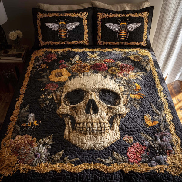 Bee Heaven quilted 3-piece bedding set on a made bed in a softly lit bedroom