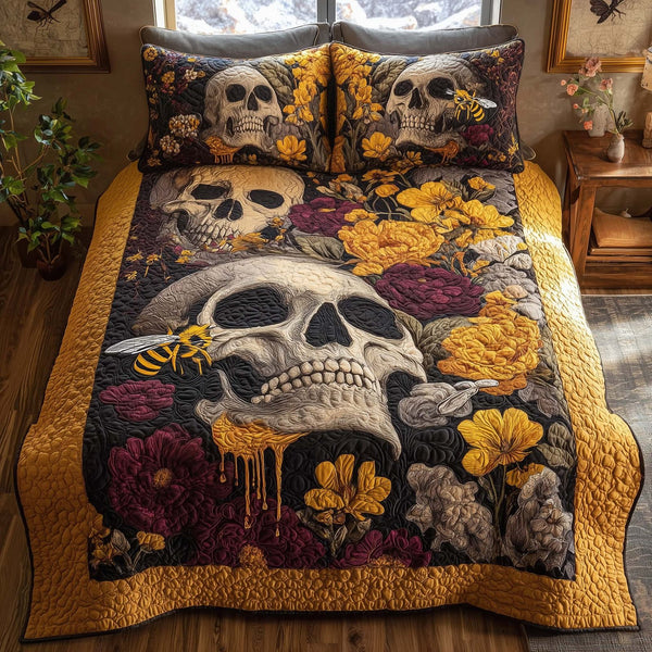 Bee Heaven quilted 3-piece bedding set on a made bed in a softly lit bedroom
