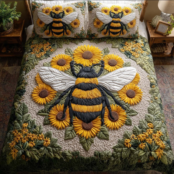 Bee Heaven quilted 3-piece bedding set on a made bed in a softly lit bedroom