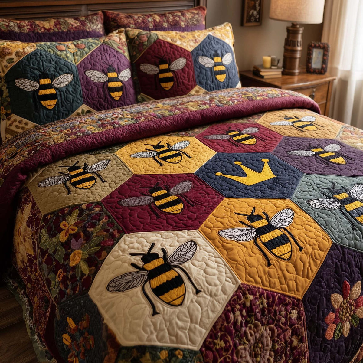 Bee Heaven quilted 3-piece bedding set on a made bed in a softly lit bedroom