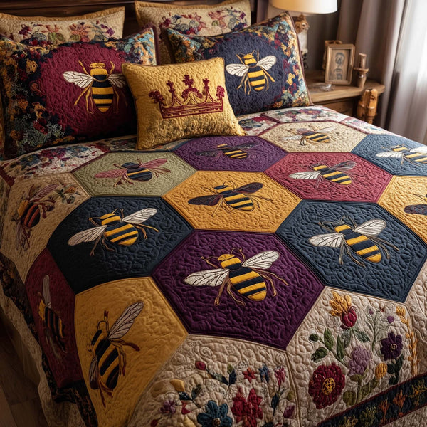 Bee Heaven quilted 3-piece bedding set on a made bed in a softly lit bedroom