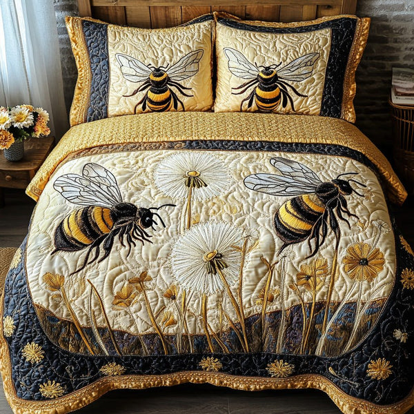 Bee Kind quilted 3-piece bedding set on a made bed with two matching pillow shams