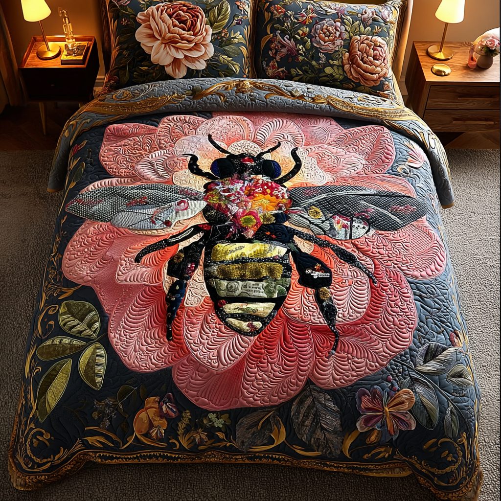 Bee Magic quilted 3-piece bedding set on a made bed with two matching pillow shams