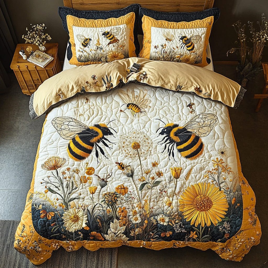 Bee Magic quilted 3-piece bedding set on a made bed with two matching pillow shams