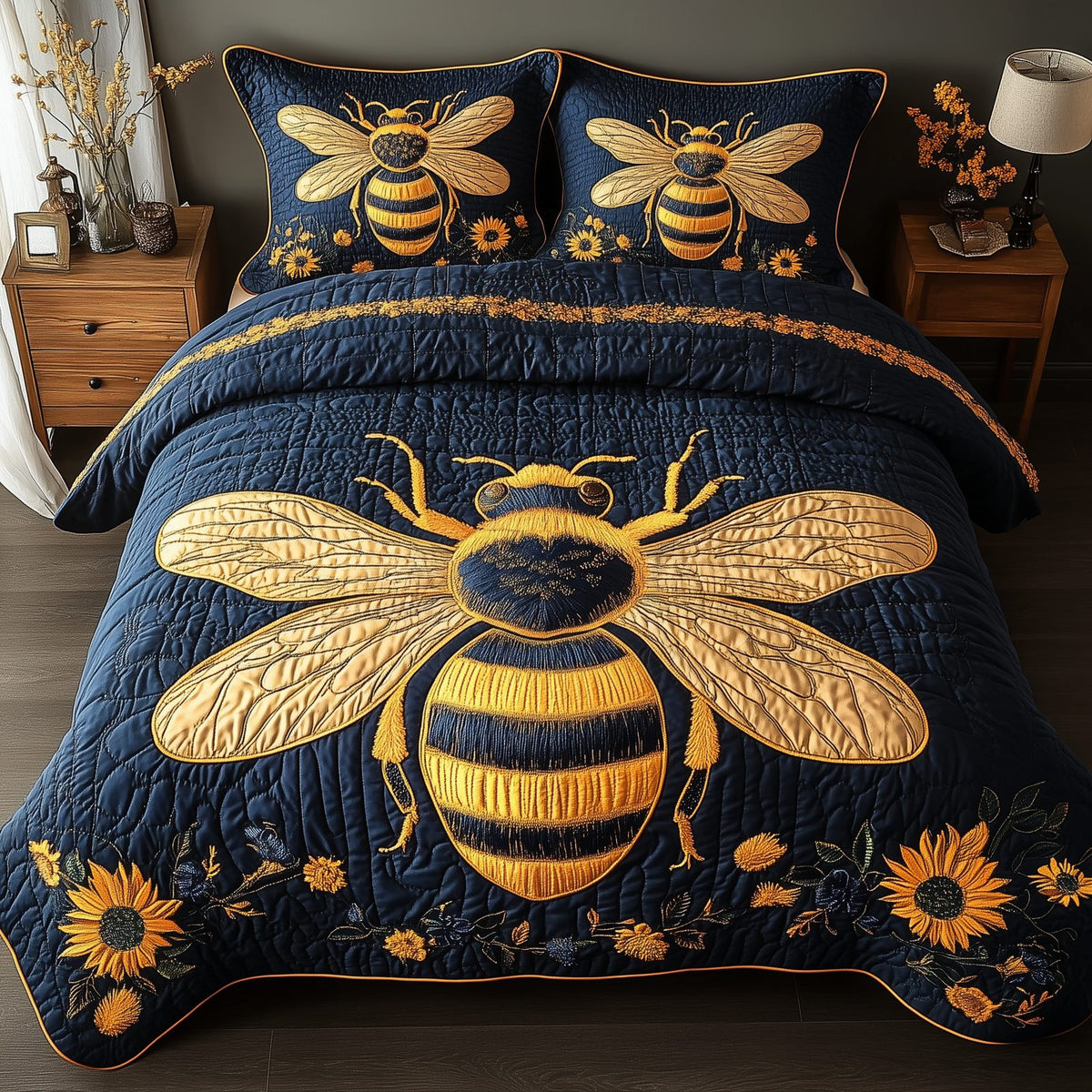Bee Positive quilted 3-piece bedding set on a made bed with two matching pillow shams